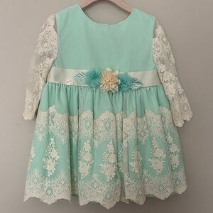 Girls' Mint Lace-Trim Floral Sash Formal Dress
